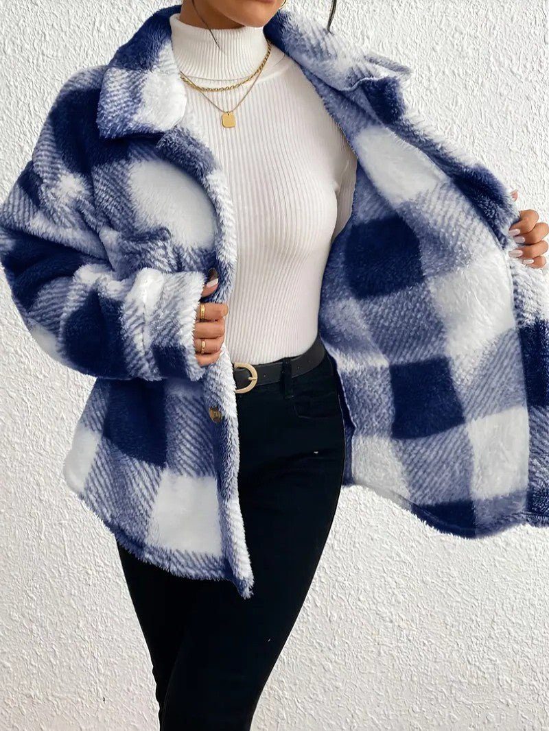 Women's Plaid Oversized Button-Up Fluffy Jacket