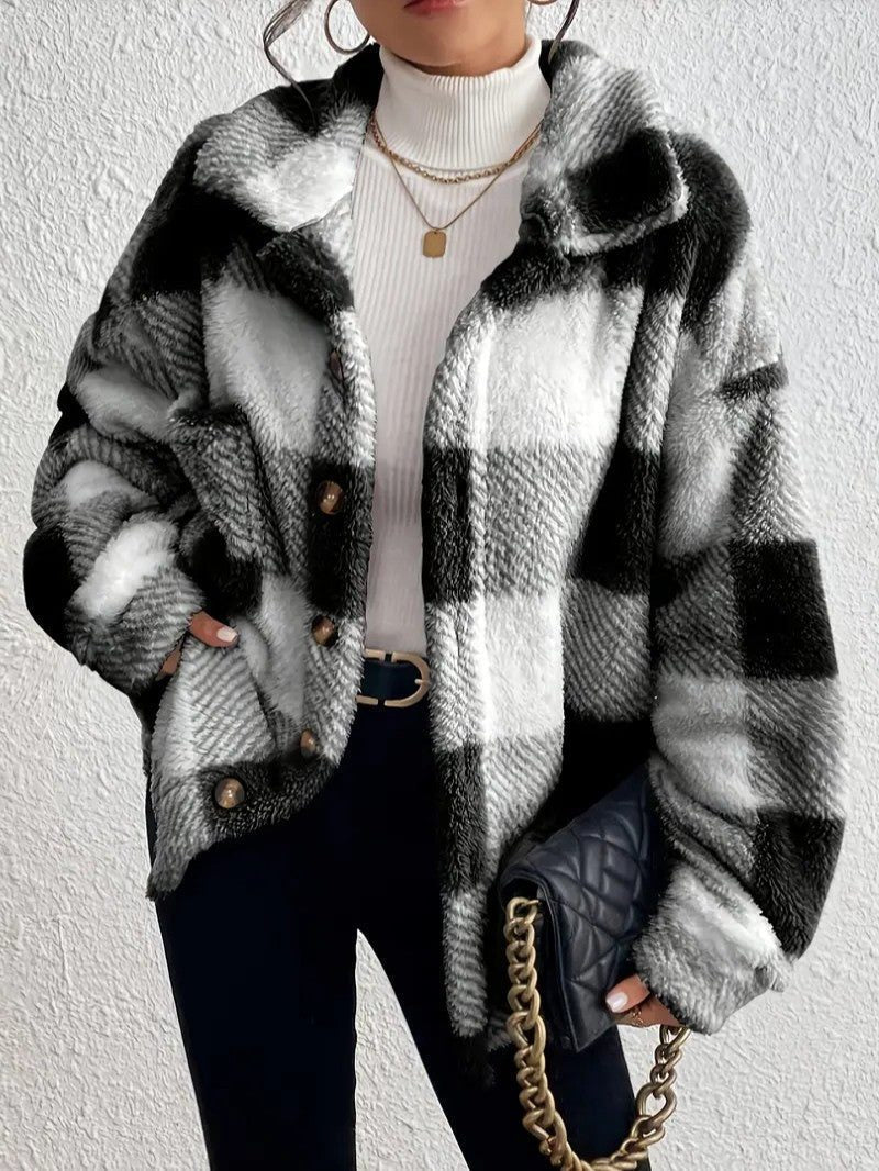 Women's Plaid Oversized Button-Up Fluffy Jacket - Black