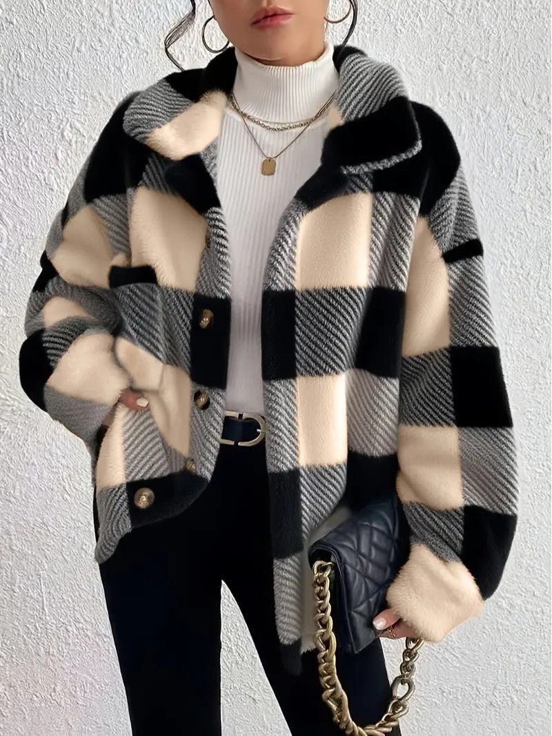 Women's Plaid Oversized Button-Up Fluffy Jacket - Apricot