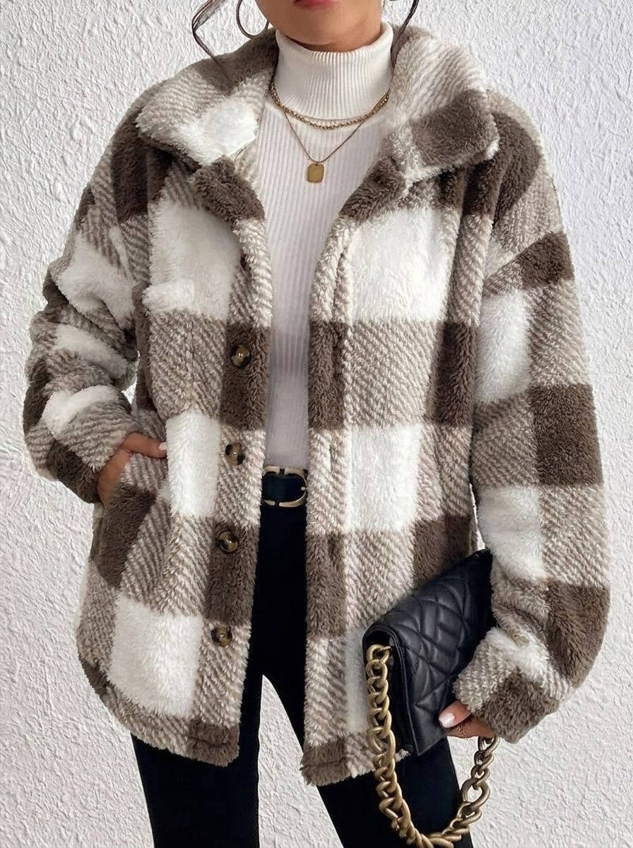 Women's Plaid Oversized Button-Up Fluffy Jacket - Brown