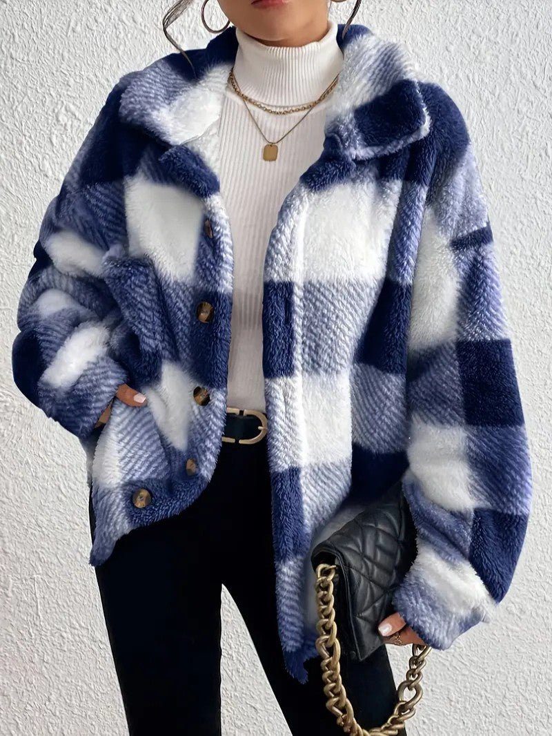Women's Plaid Oversized Button-Up Fluffy Jacket - Blue