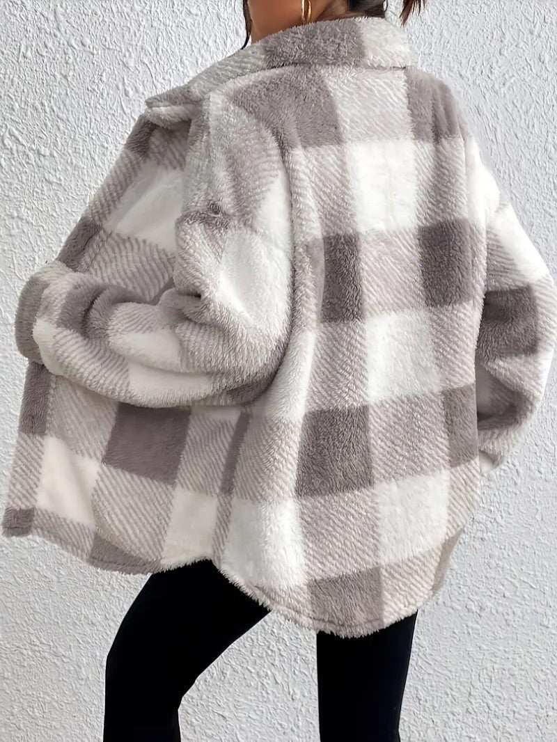 Women's Plaid Oversized Button-Up Fluffy Jacket