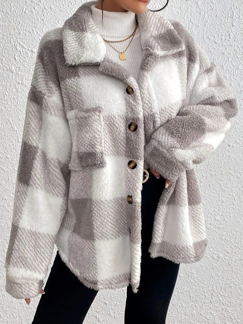 Women's Plaid Oversized Button-Up Fluffy Jacket