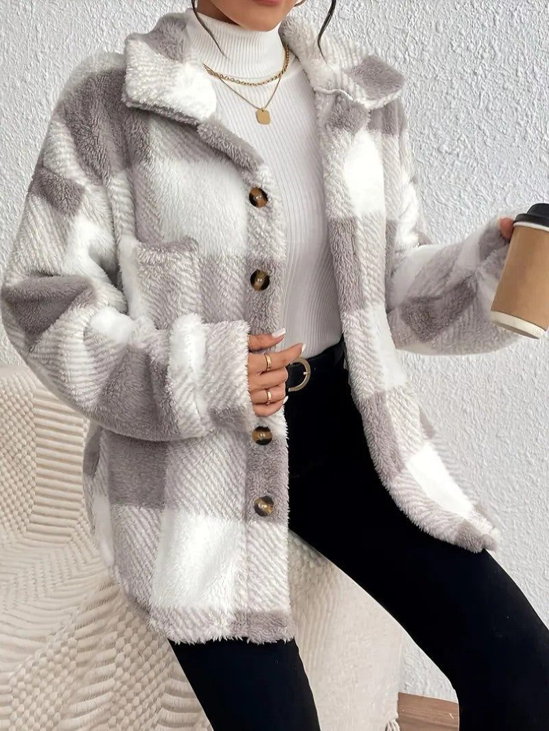 Women's Plaid Oversized Button-Up Fluffy Jacket
