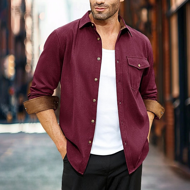 Men's Rugged Button-Front Overshirt with Chest Pocket - Wine