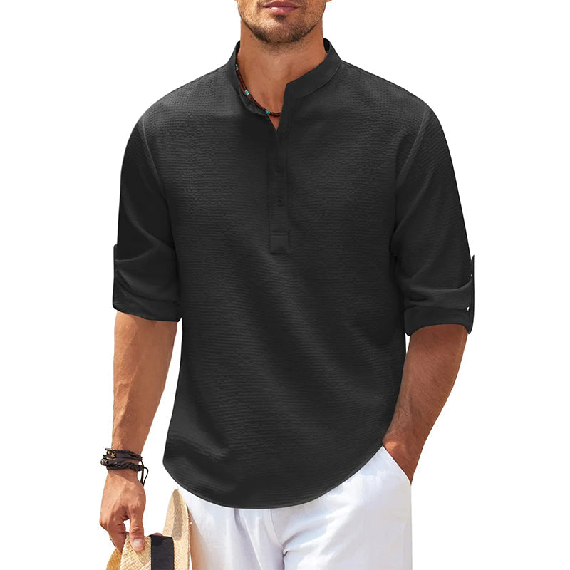 Men's Grandad Collar Popover Shirt - Black