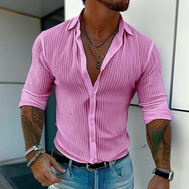 Men's Ribbed Button-Up Shirt - Pink