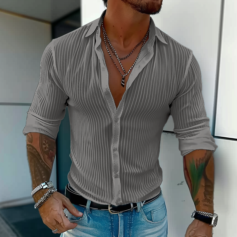 Men's Ribbed Button-Up Shirt - Gray