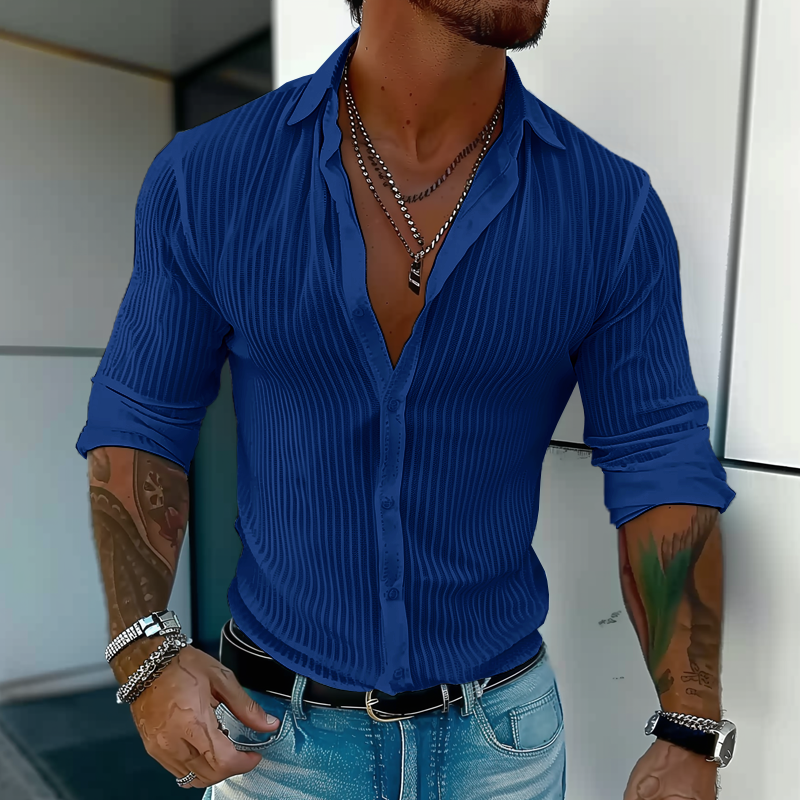 Men's Ribbed Button-Up Shirt - Royal Blue