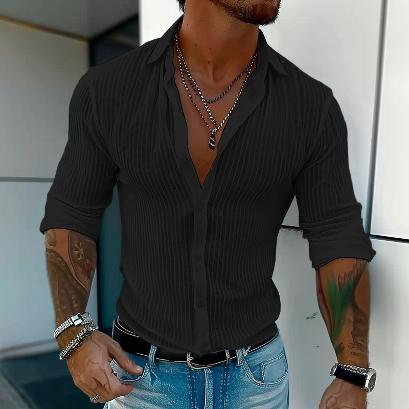 Men's Ribbed Button-Up Shirt - Black