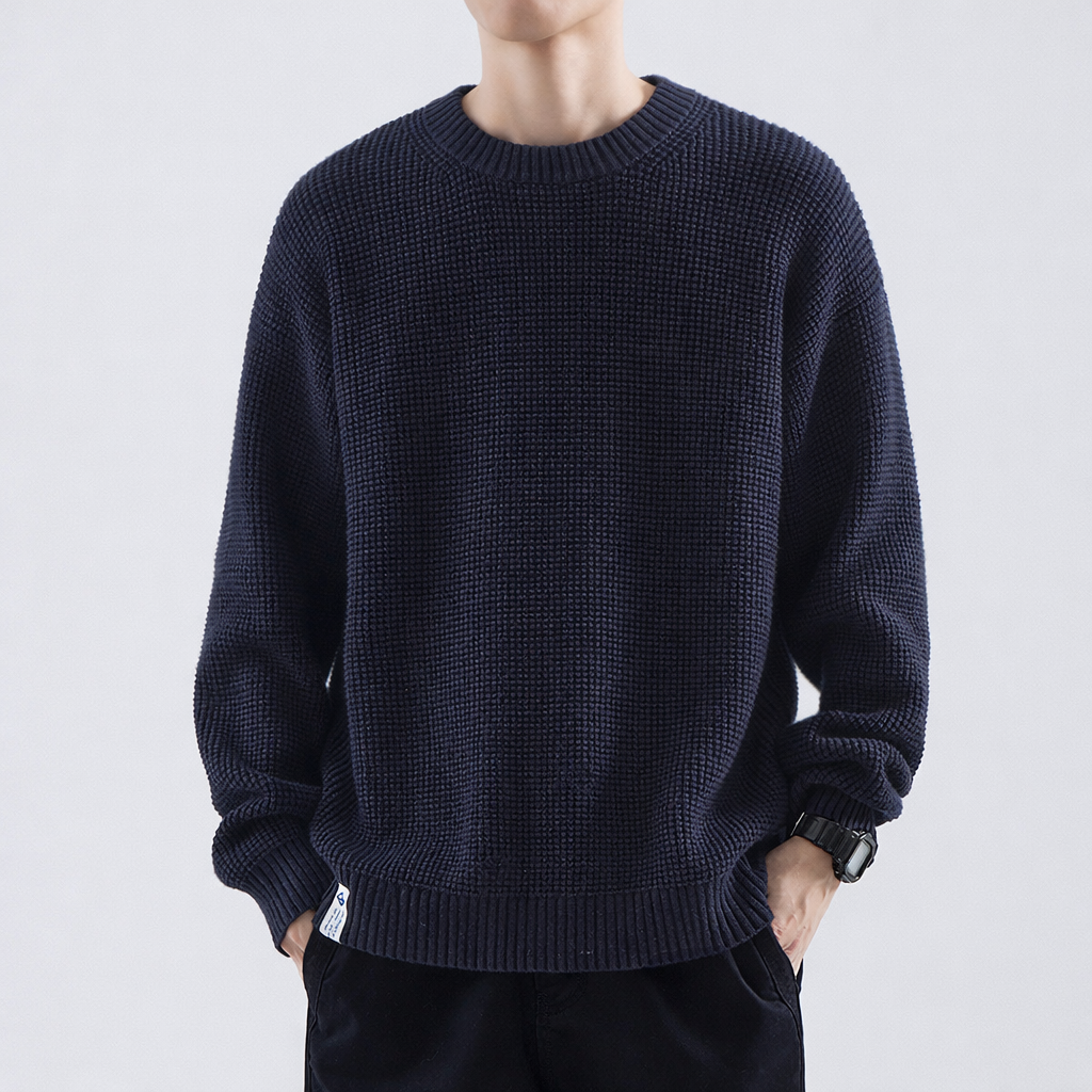 Men's Textured Crew Neck Sweater - Navy Blue