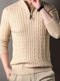 Men's Cable-Knit Half-Zip Sweater with Ribbed Cuffs - Apricot