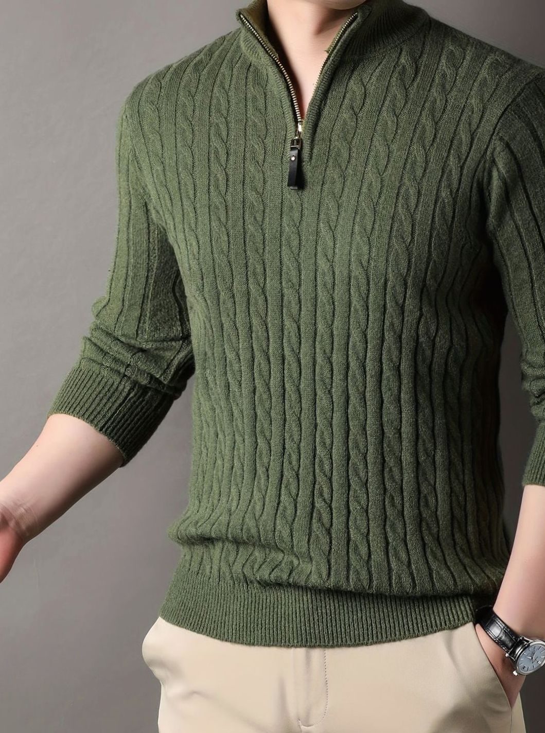 Men's Cable-Knit Half-Zip Sweater with Ribbed Cuffs - Green