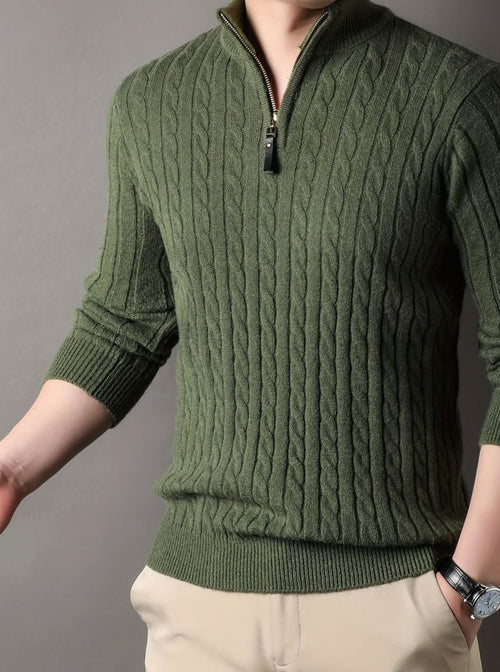 Men's Cable-Knit Half-Zip Sweater with Ribbed Cuffs - Green