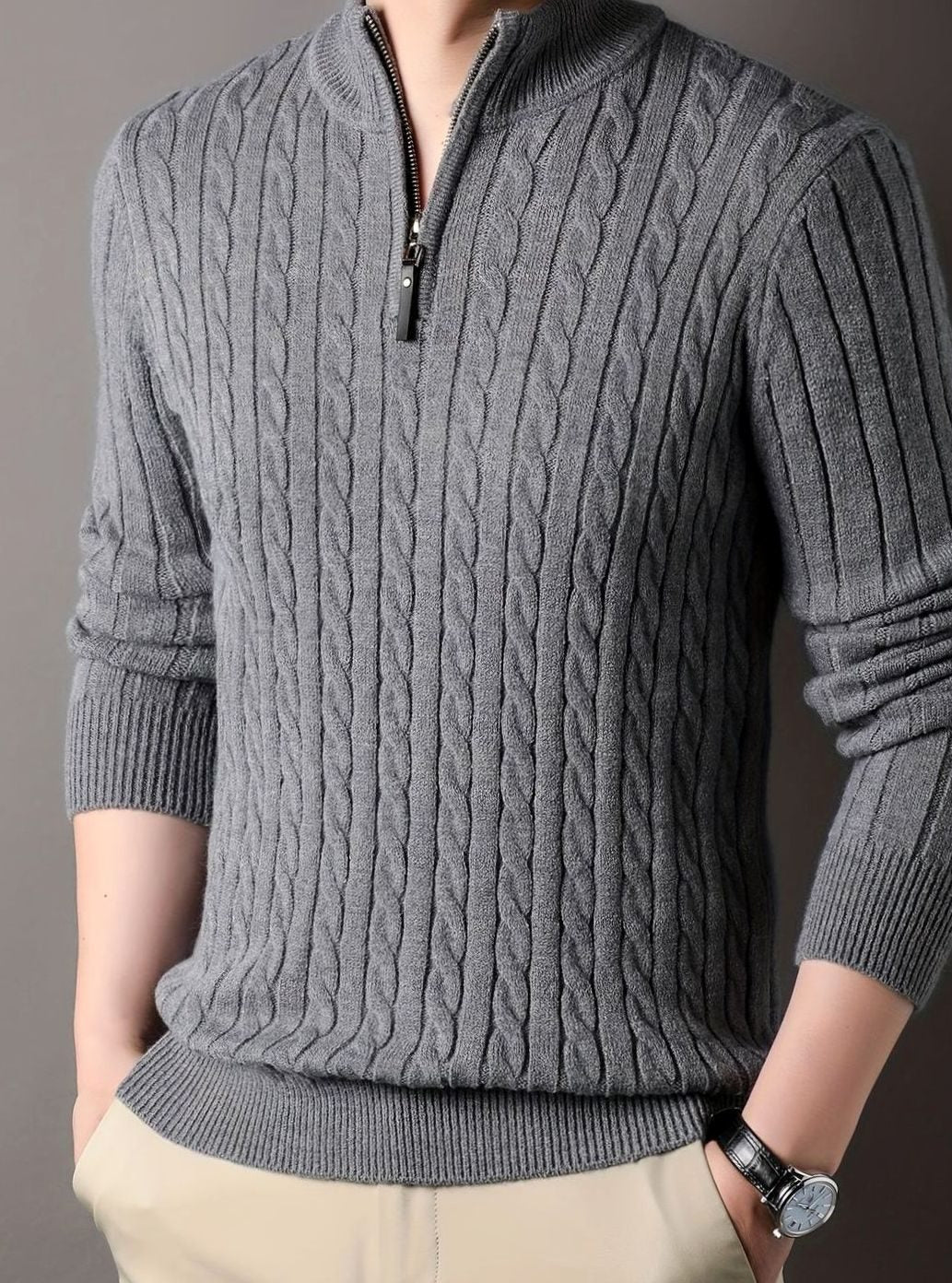 Men's Cable-Knit Half-Zip Sweater with Ribbed Cuffs - Gray