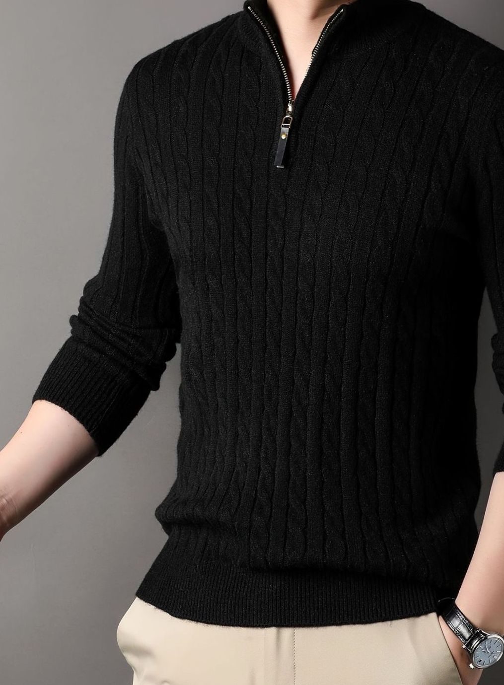 Men's Cable-Knit Half-Zip Sweater with Ribbed Cuffs - Black
