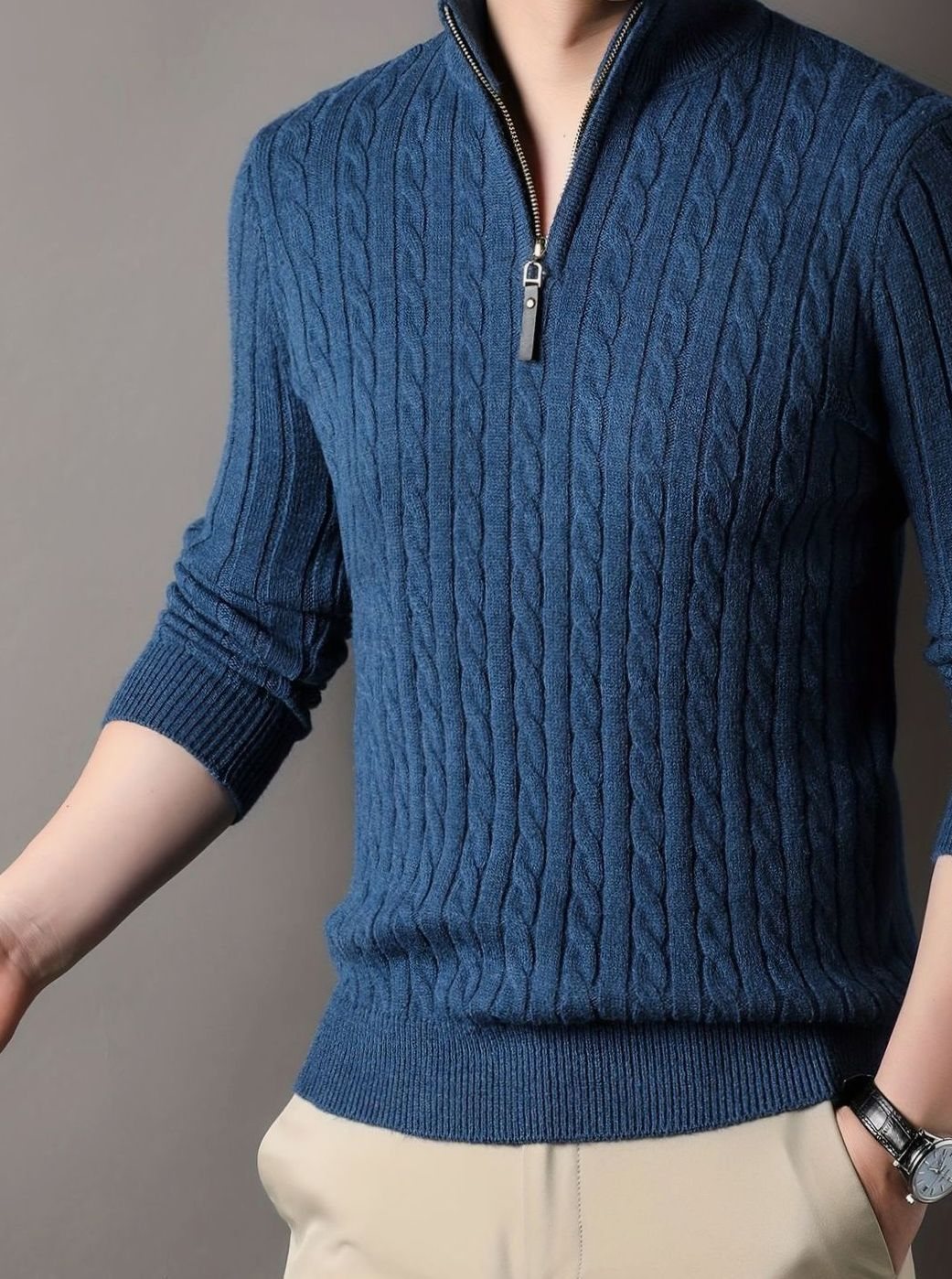 Men's Cable-Knit Half-Zip Sweater with Ribbed Cuffs - Blue