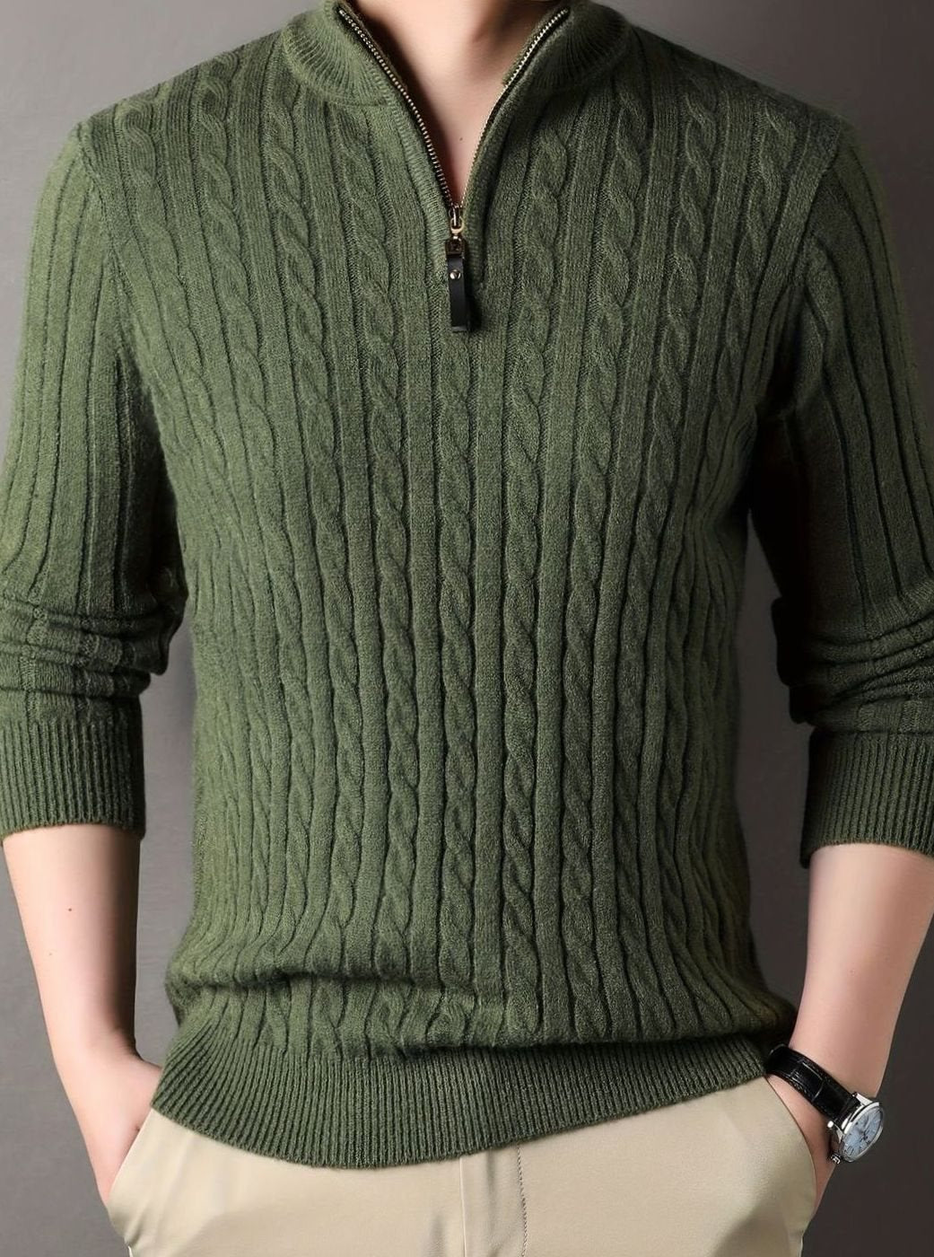 Men's Cable-Knit Half-Zip Sweater with Ribbed Cuffs