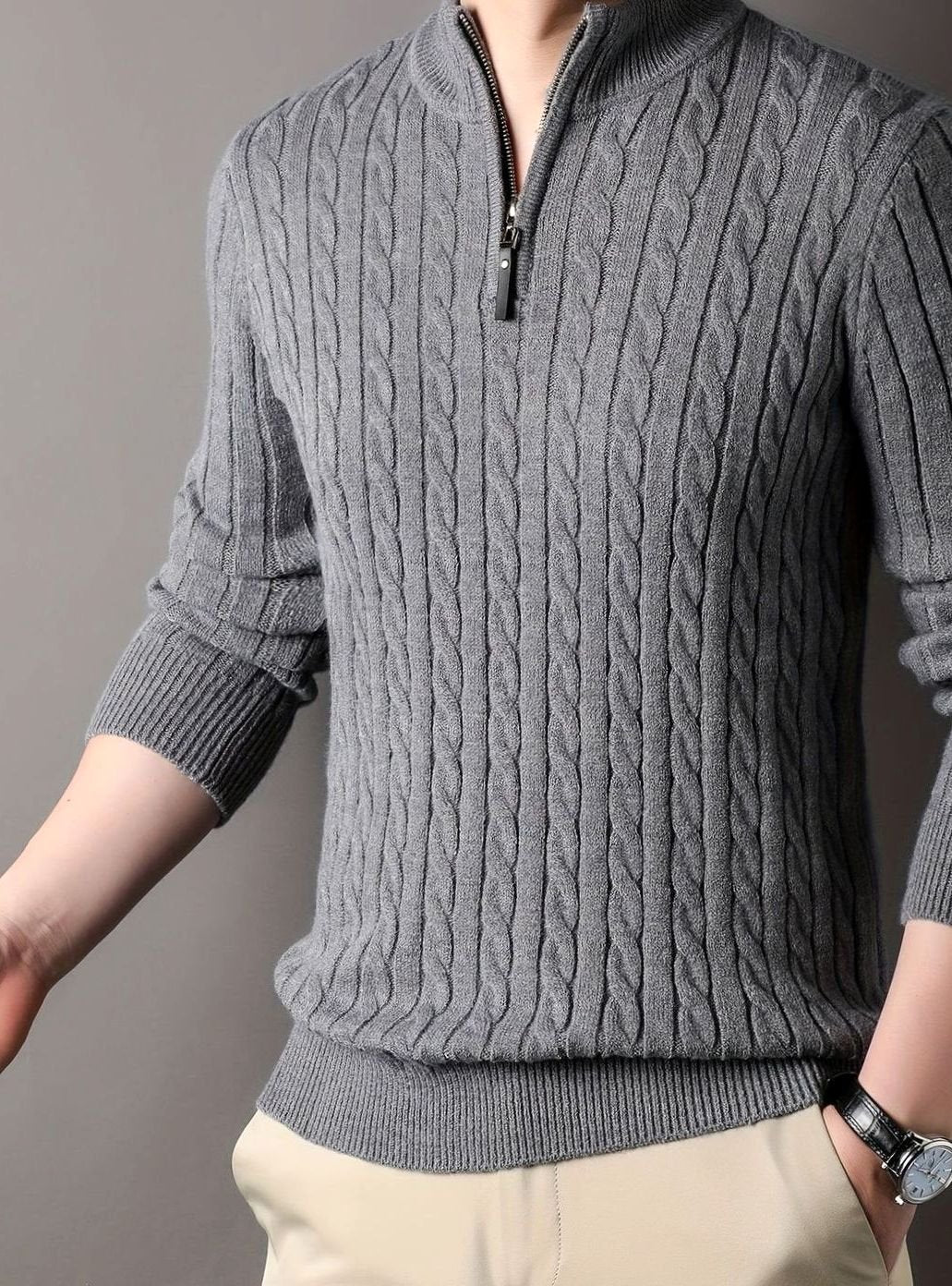Men's Cable-Knit Half-Zip Sweater with Ribbed Cuffs