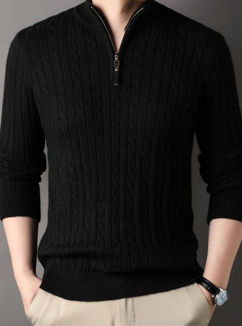 Men's Cable-Knit Half-Zip Sweater with Ribbed Cuffs