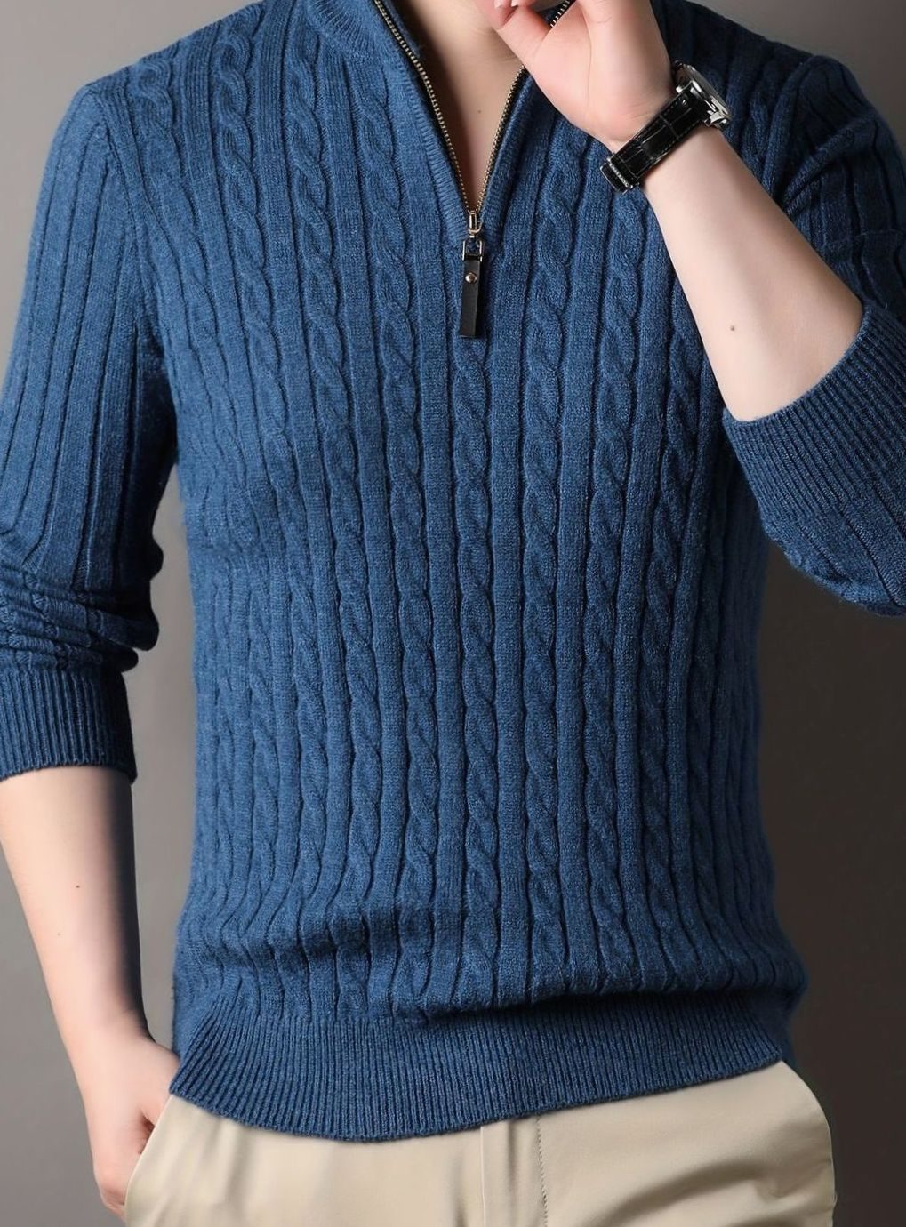 Men's Cable-Knit Half-Zip Sweater with Ribbed Cuffs