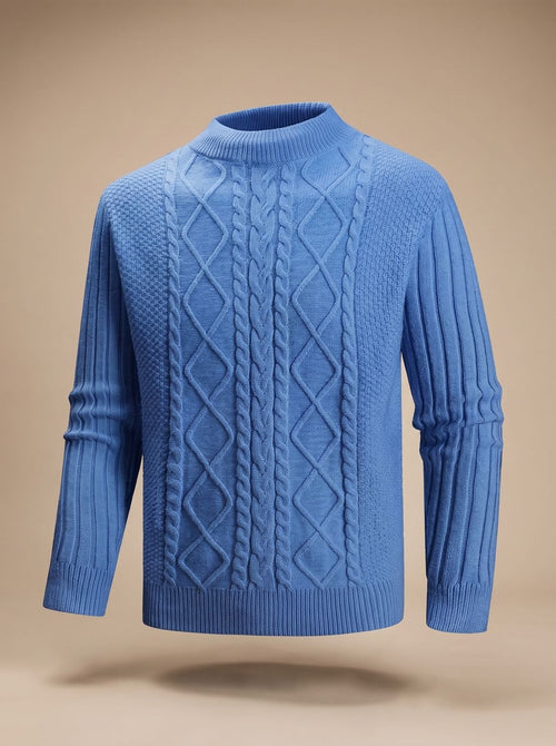 Men's Cotton Blend Cable-Knit Mock Neck Pullover - Blue