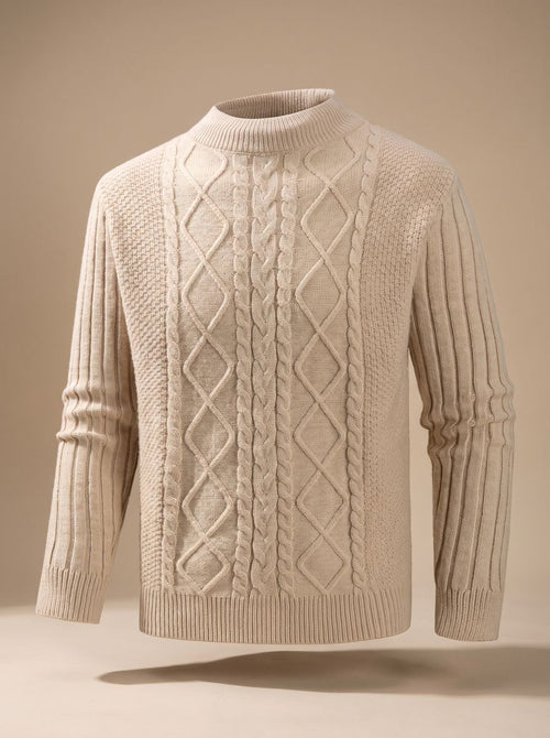 Men's Cotton Blend Cable-Knit Mock Neck Pullover - Khaki