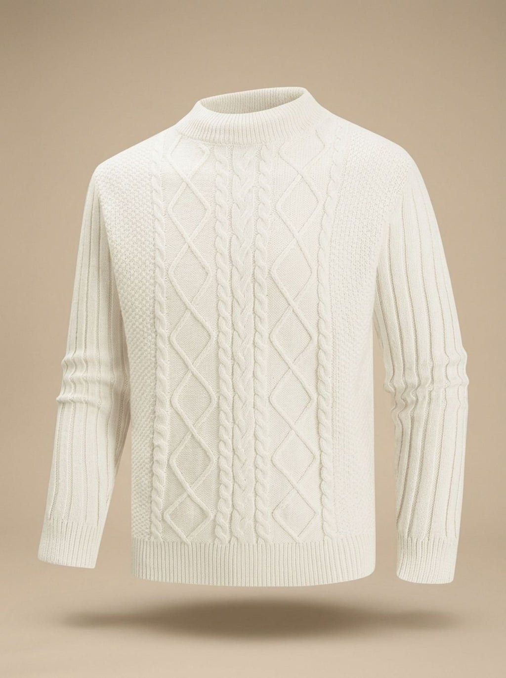 Men's Cotton Blend Cable-Knit Mock Neck Pullover - Ecru