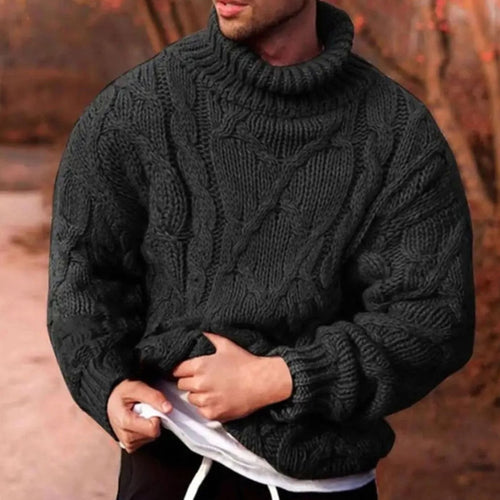 Men's Chunky Cable-Knit Turtleneck Sweater - Black