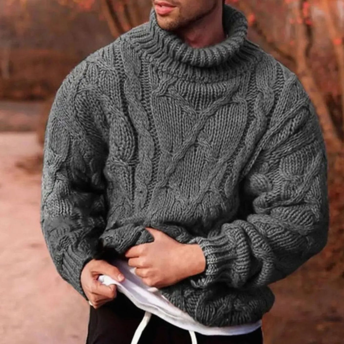 Men's Chunky Cable-Knit Turtleneck Sweater - Gray