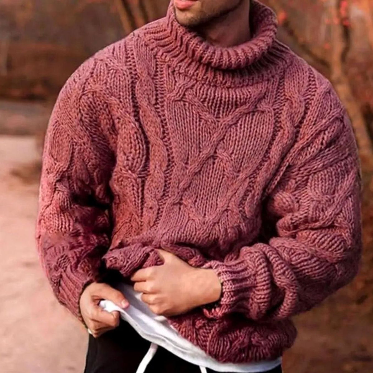 Men's Chunky Cable-Knit Turtleneck Sweater - Red