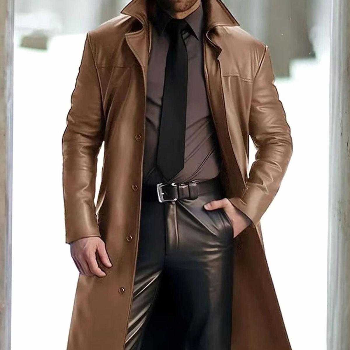 Men's Long Faux Leather Trench Coat - Black