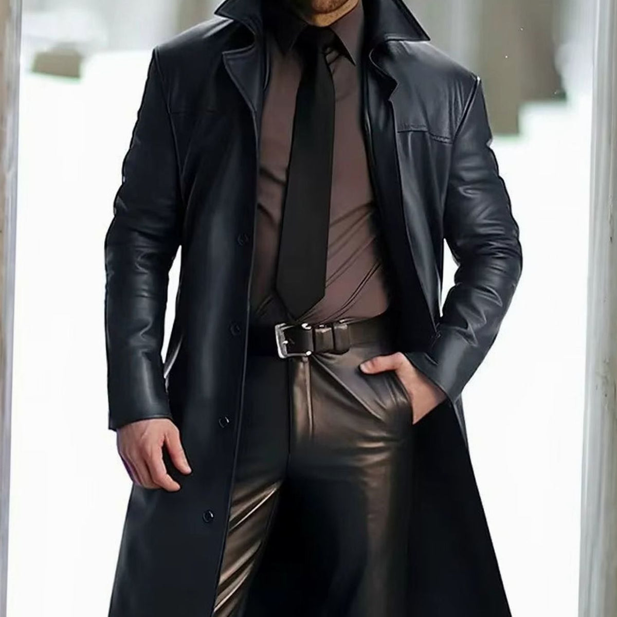 Men's Long Faux Leather Trench Coat - Blue