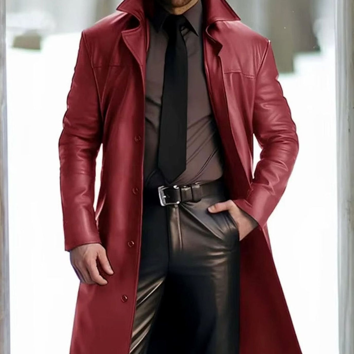 Men's Long Faux Leather Trench Coat - Khaki