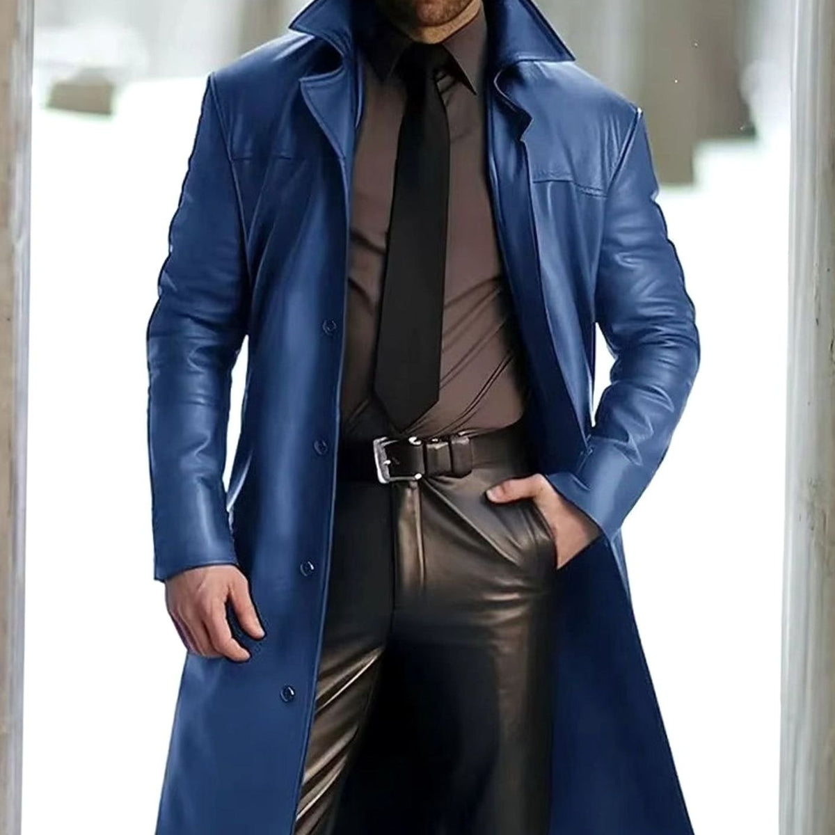 Men's Long Faux Leather Trench Coat - Red