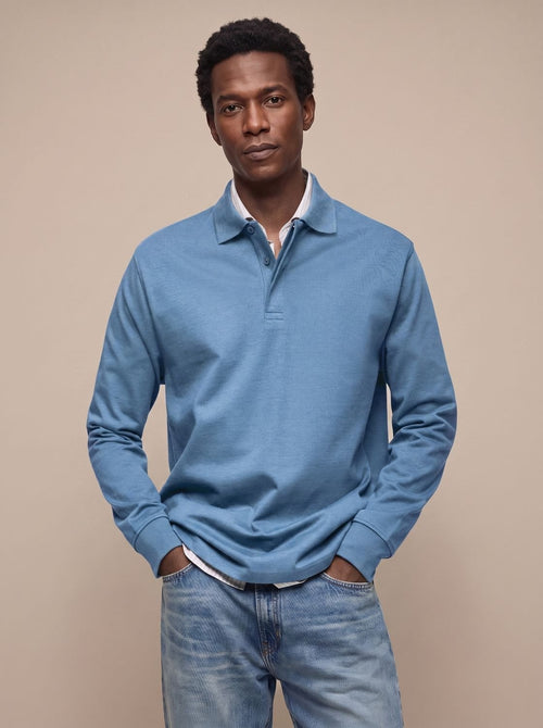 Men's Classic Long Sleeve Cotton Polo Shirt - Light Blue