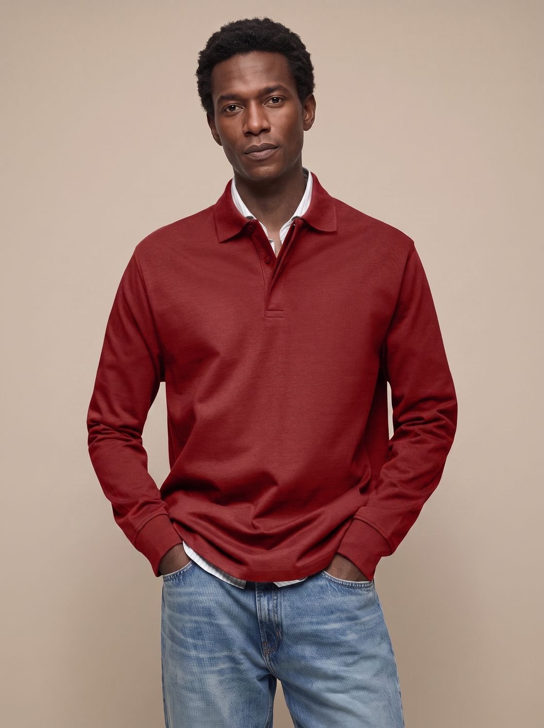 Men's Classic Long Sleeve Cotton Polo Shirt - Red