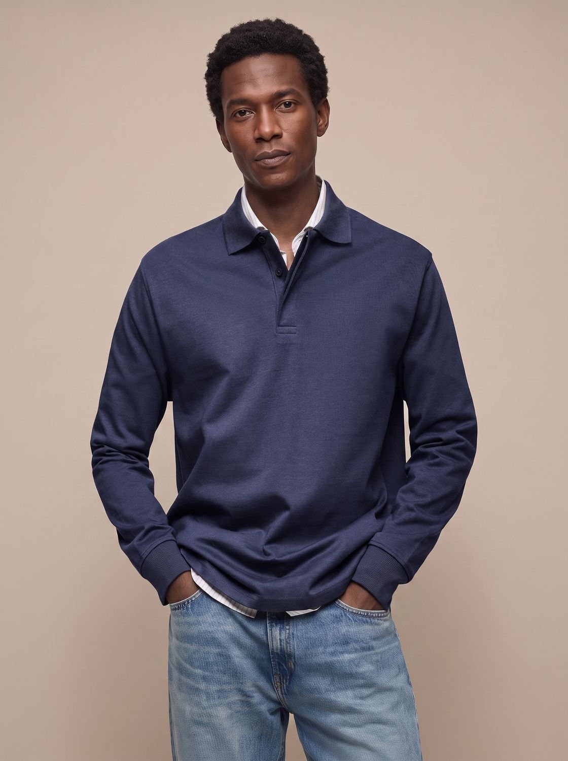 Men's Classic Long Sleeve Cotton Polo Shirt - Navy Blue