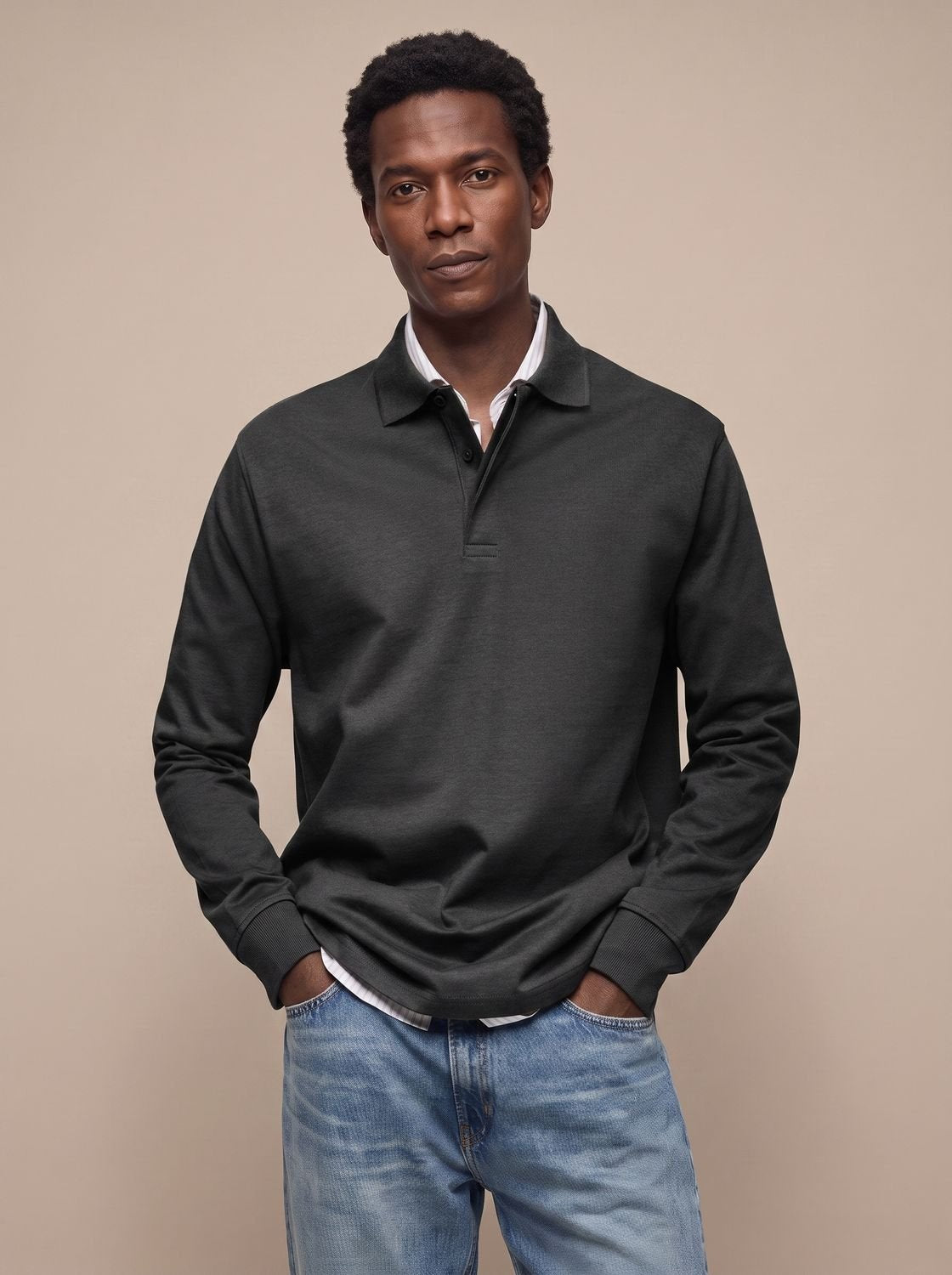 Men's Classic Long Sleeve Cotton Polo Shirt - Black