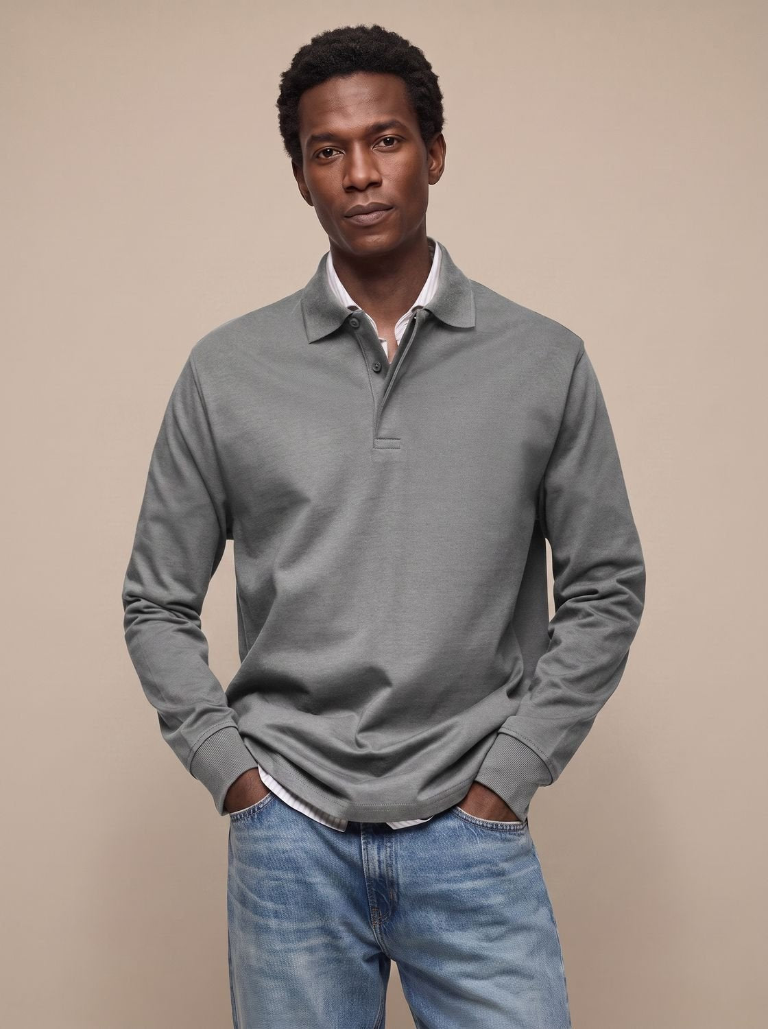 Men's Classic Long Sleeve Cotton Polo Shirt - Gray