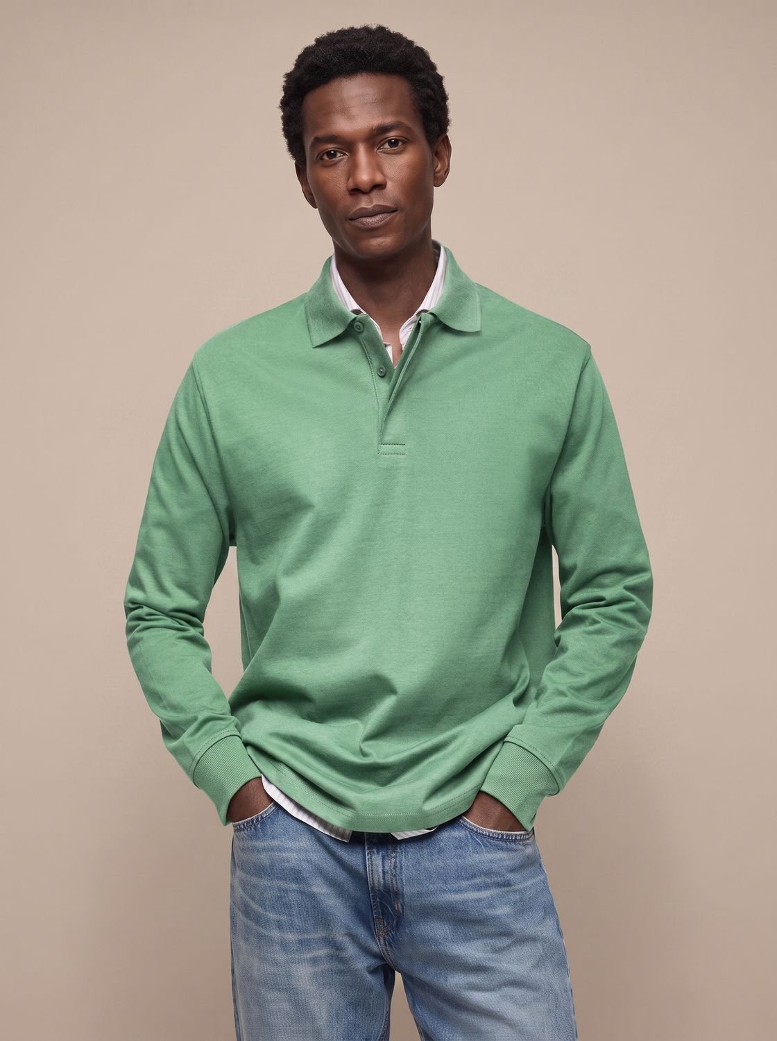 Men's Classic Long Sleeve Cotton Polo Shirt - Green