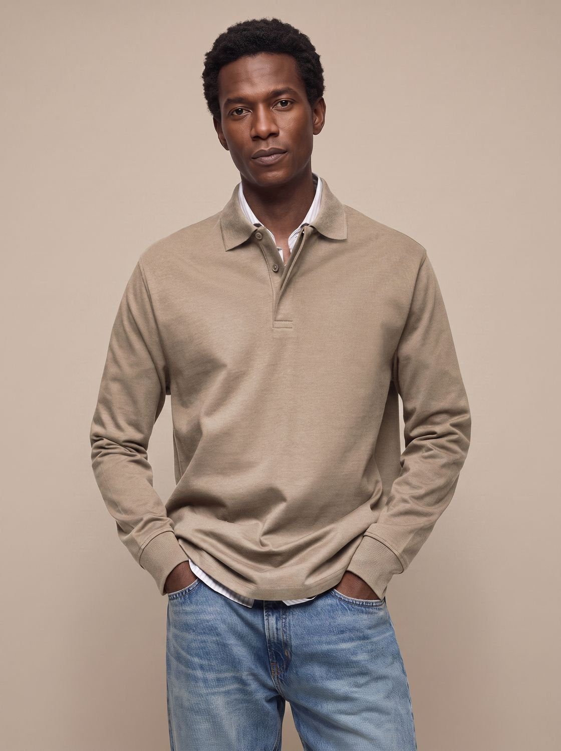 Men's Classic Long Sleeve Cotton Polo Shirt - Khaki