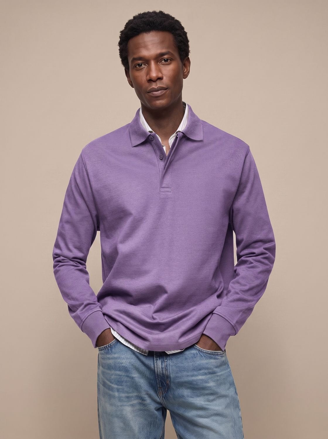 Men's Classic Long Sleeve Cotton Polo Shirt - Purple