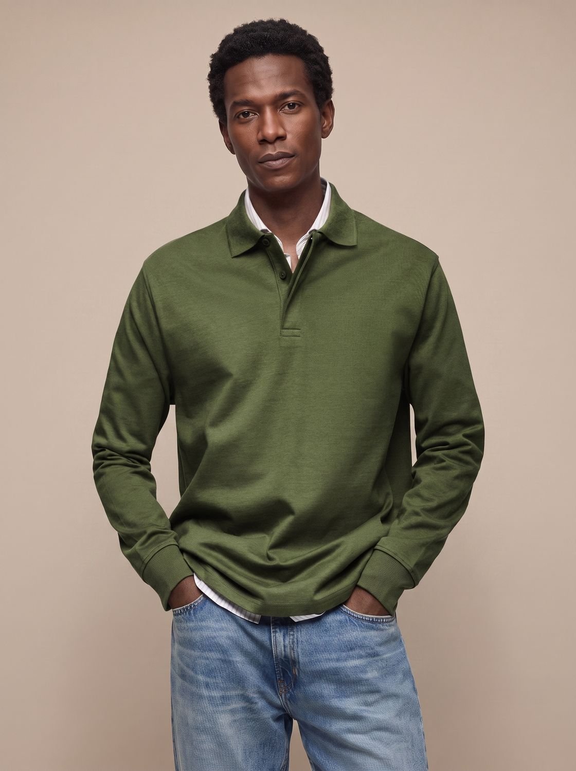 Men's Classic Long Sleeve Cotton Polo Shirt - Army Green