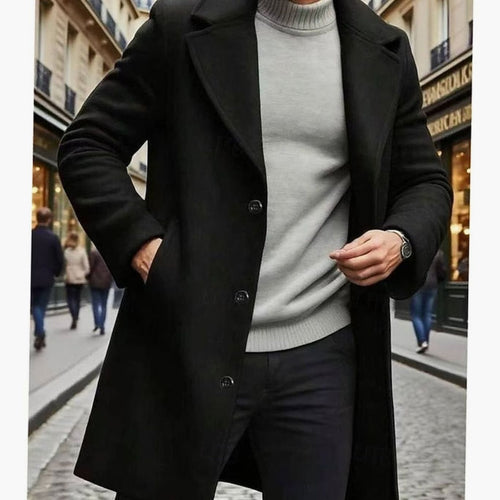 Men's Classic Single-Breasted Long Wool Overcoat - Black