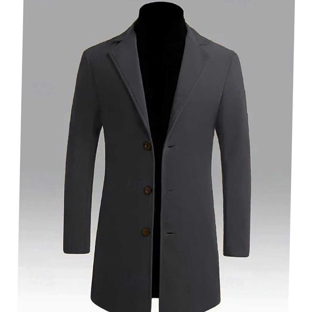 Men's Classic Single-Breasted Long Wool Overcoat