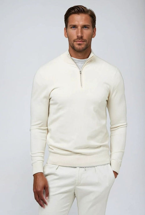Men's Classic Quarter-Zip Sweater with Ribbed Cuffs - White