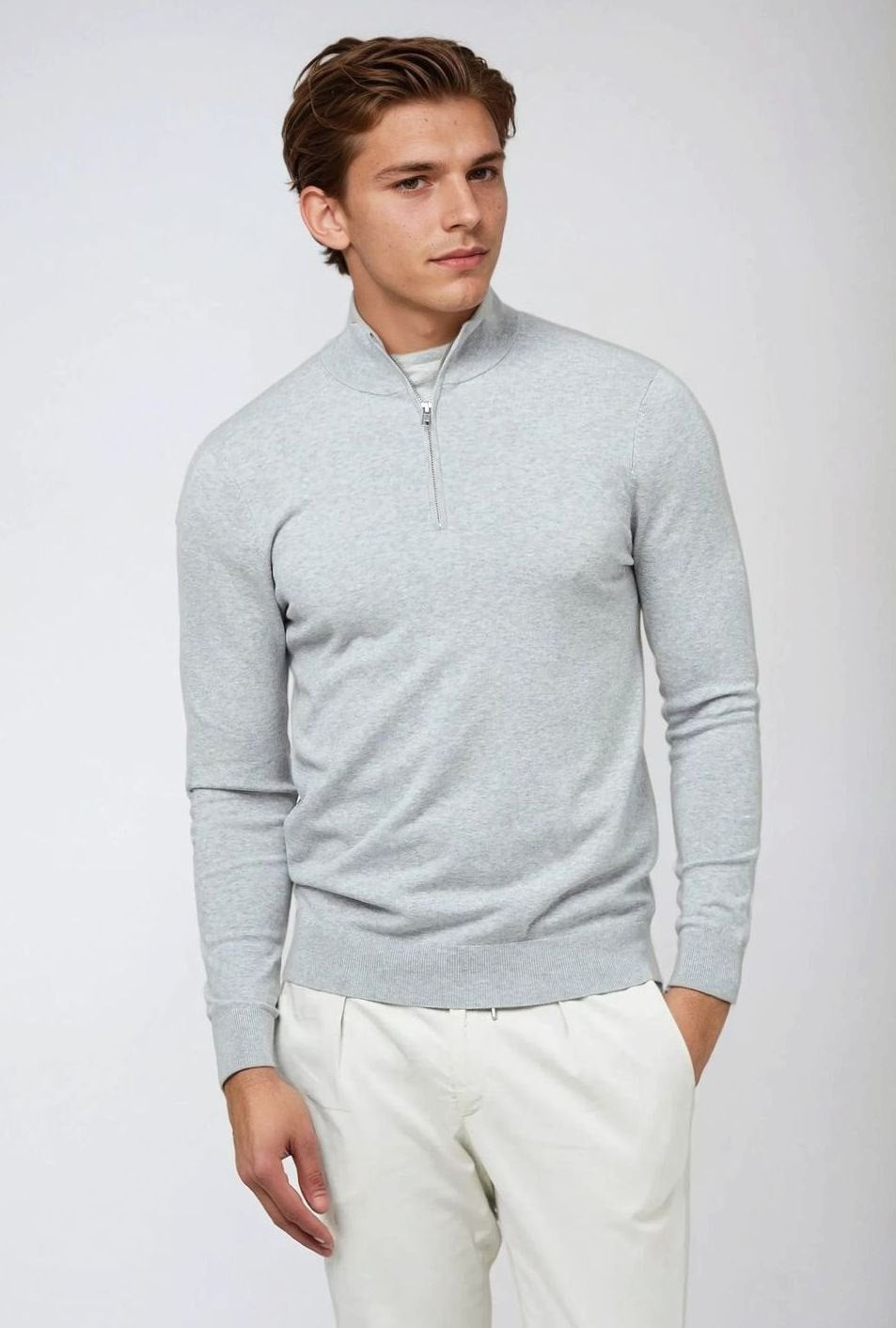 Men's Classic Quarter-Zip Sweater with Ribbed Cuffs - Gray
