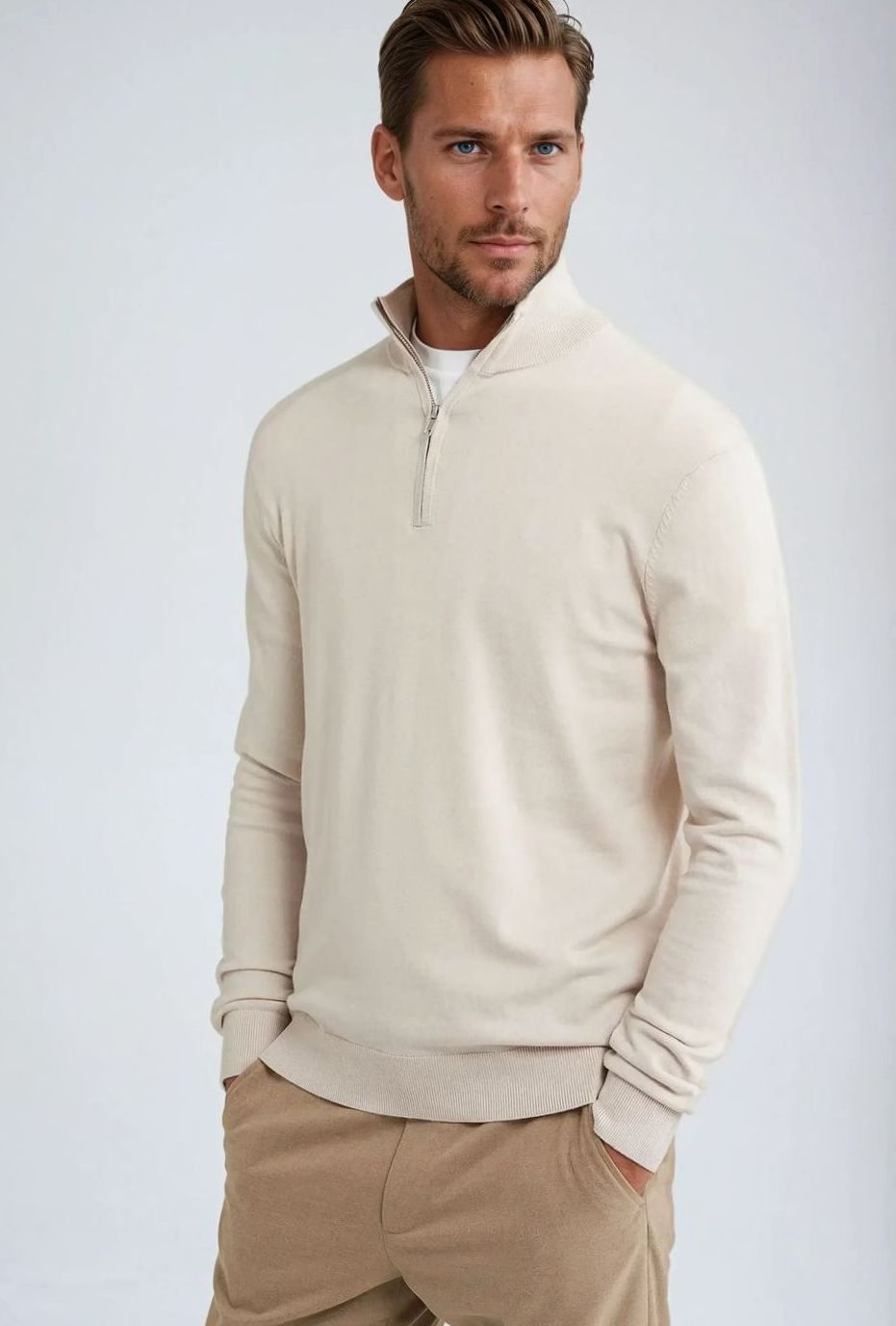 Men's Classic Quarter-Zip Sweater with Ribbed Cuffs - Beige