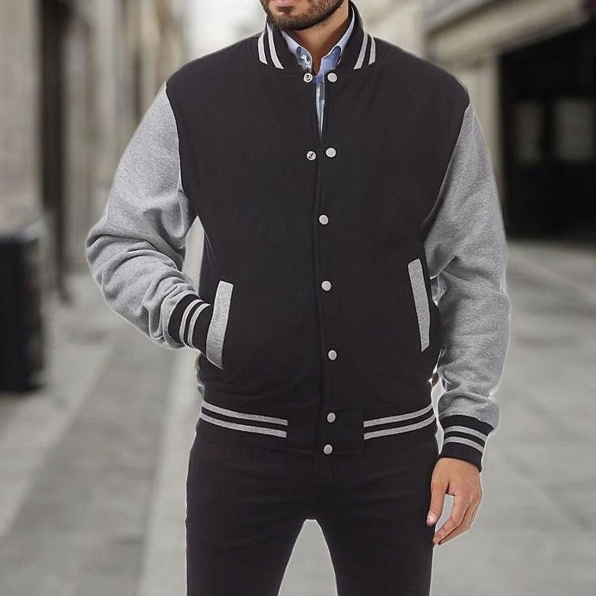 Men's Classic Snap-Front Varsity Bomber Jacket - Light Gray
